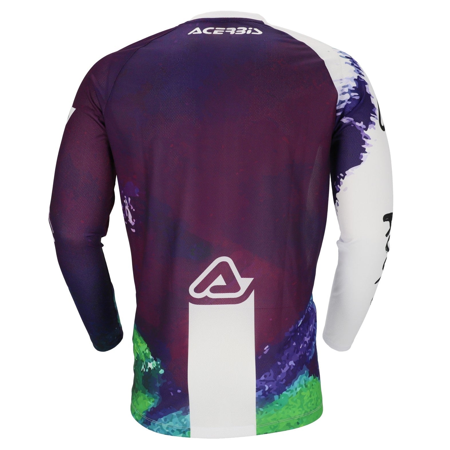 A long-sleeve athletic jersey shown from the back, featuring a dark purple and white abstract pattern with green accents near the hem and a white vertical stripe. The brand name 'ACERBIS' is printed on the upper back.
