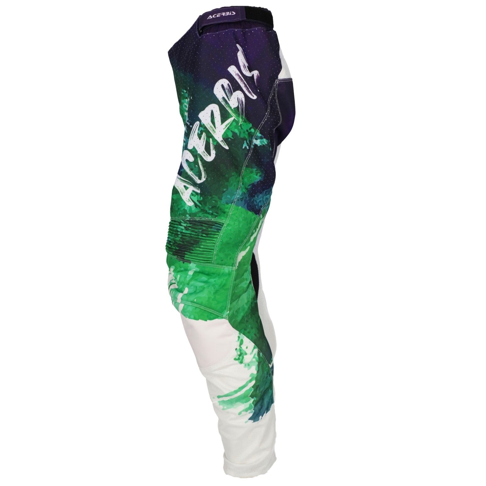 Colorful motocross pants with a brand logo on a white background