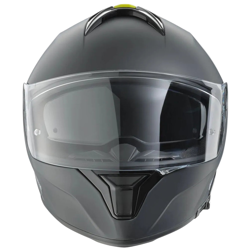 A matte black full-face motorcycle helmet with a clear visor, shown from a front three-quarter angle on a light gray background.