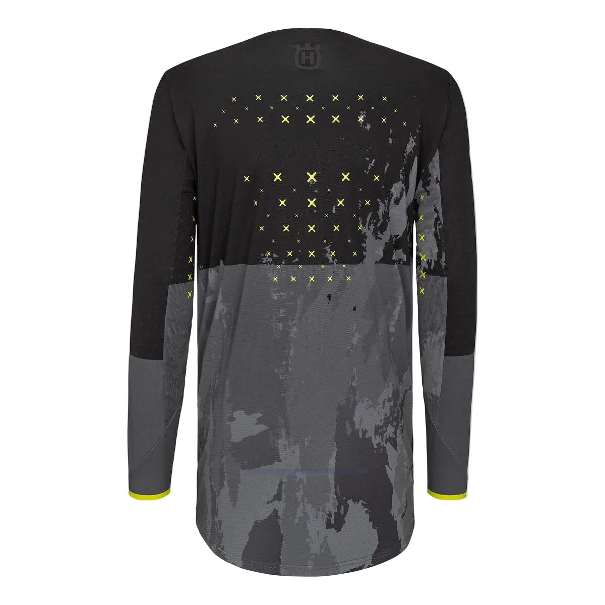 Long-sleeve shirt with black and gray design on a white background