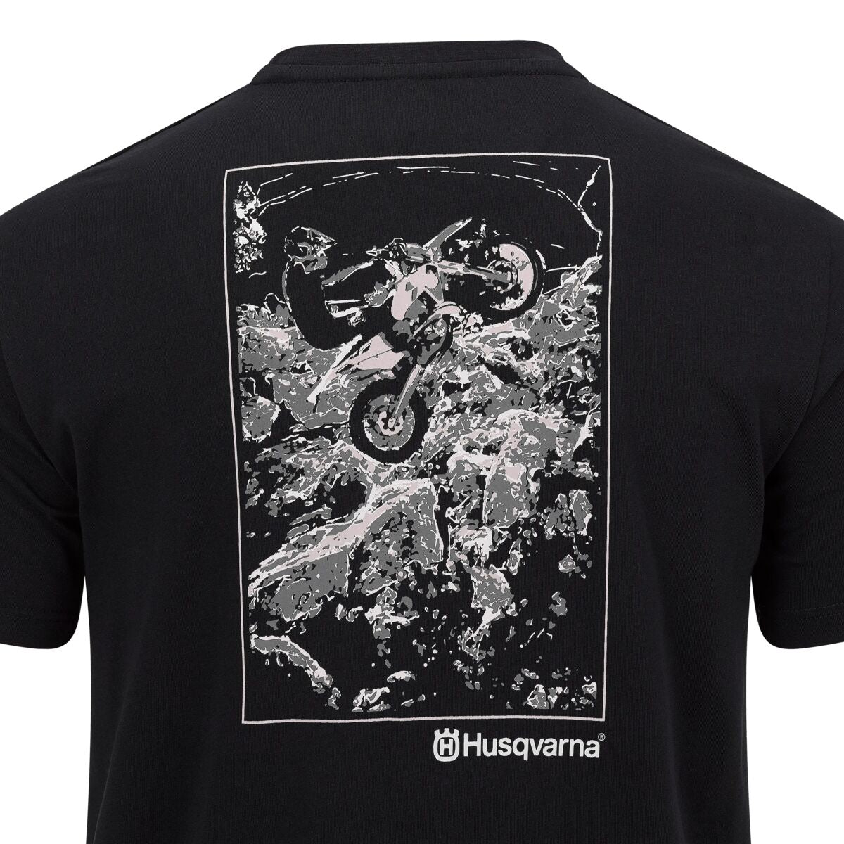 Black t-shirt with a graphic of a motorcycle rider and 'Husqvarna' logo on the back.