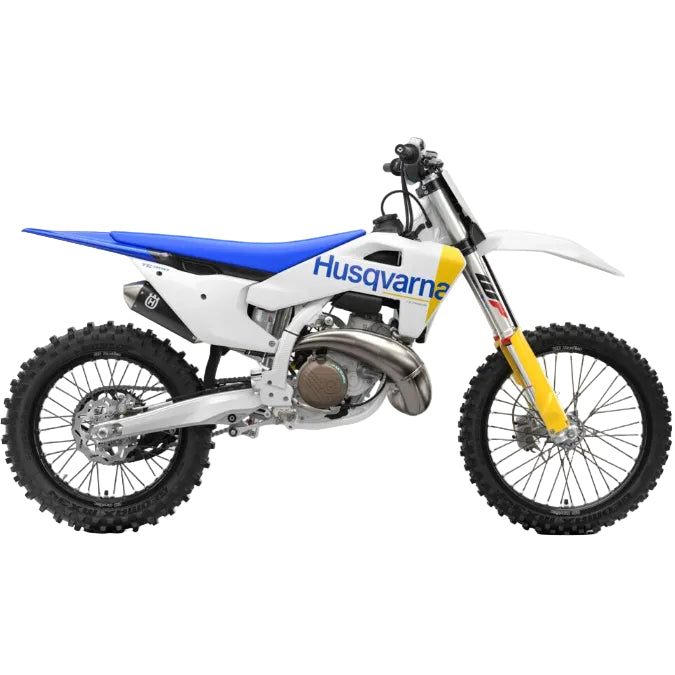 A Husqvarna off-road dirt bike in white, blue, and yellow, shown from a side profile view against a plain white background.
