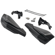 Black motorcycle handlebar risers with mounting hardware on a white background
