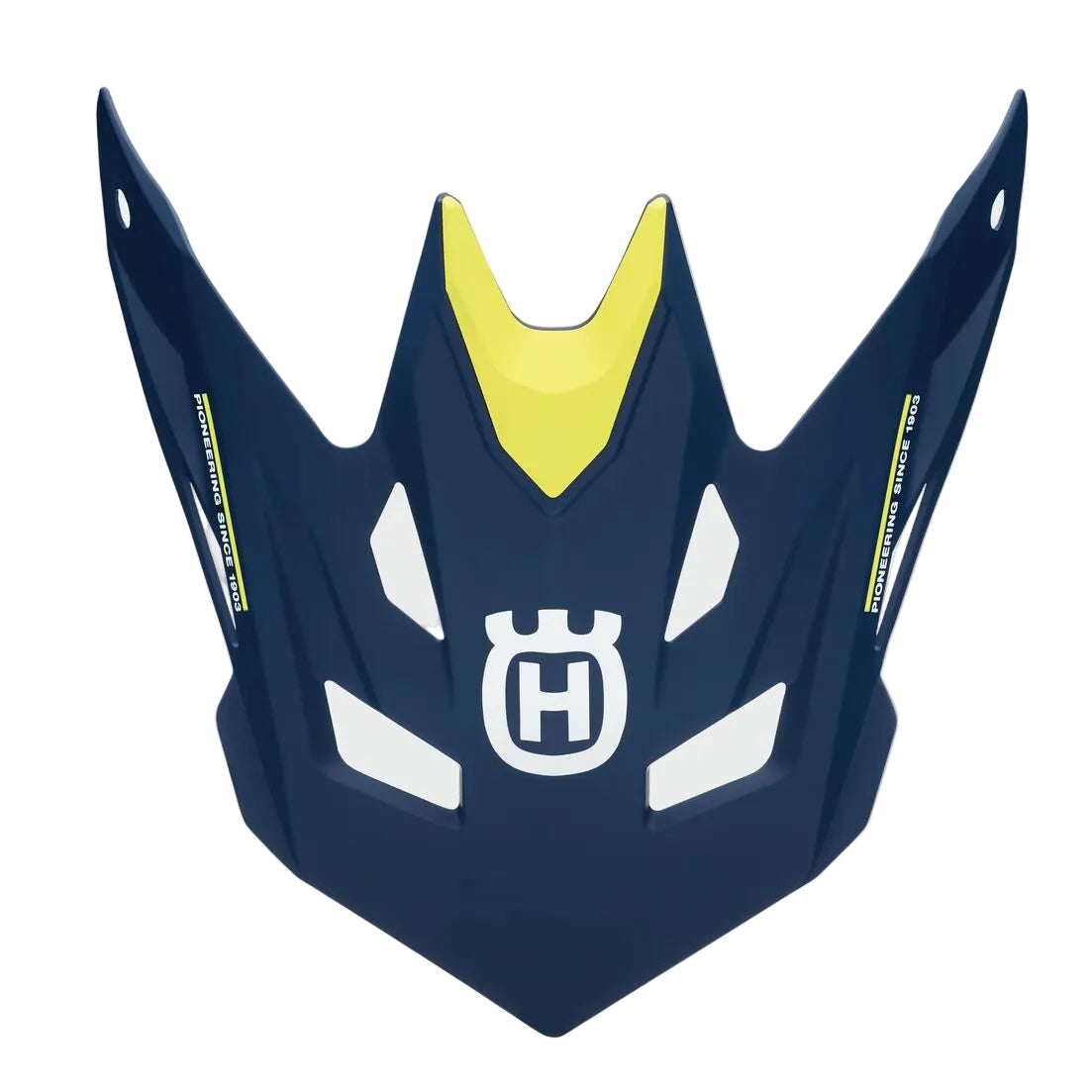 Navy blue motorcycle visor with yellow center and Husqvarna logo on a light gray background