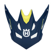 Navy blue motorcycle visor with yellow center and Husqvarna logo on a light gray background