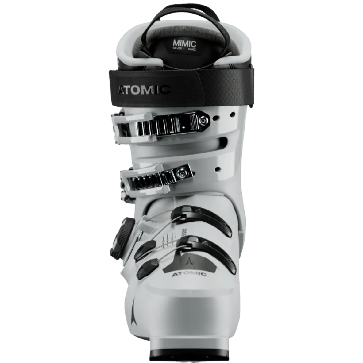 White ski boot with black accents and 'Atomic' branding on a white background
