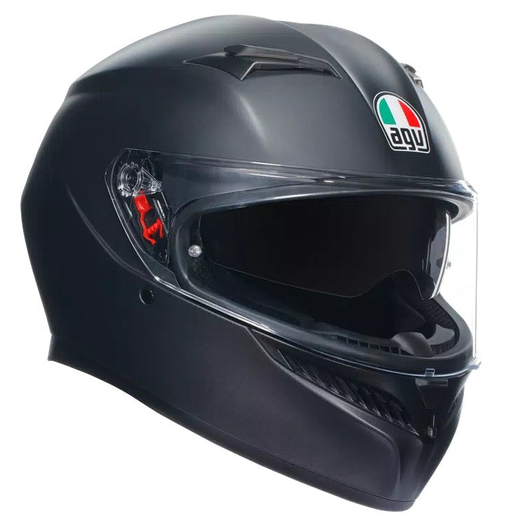 Black motorcycle helmet with Agv logo on a white background