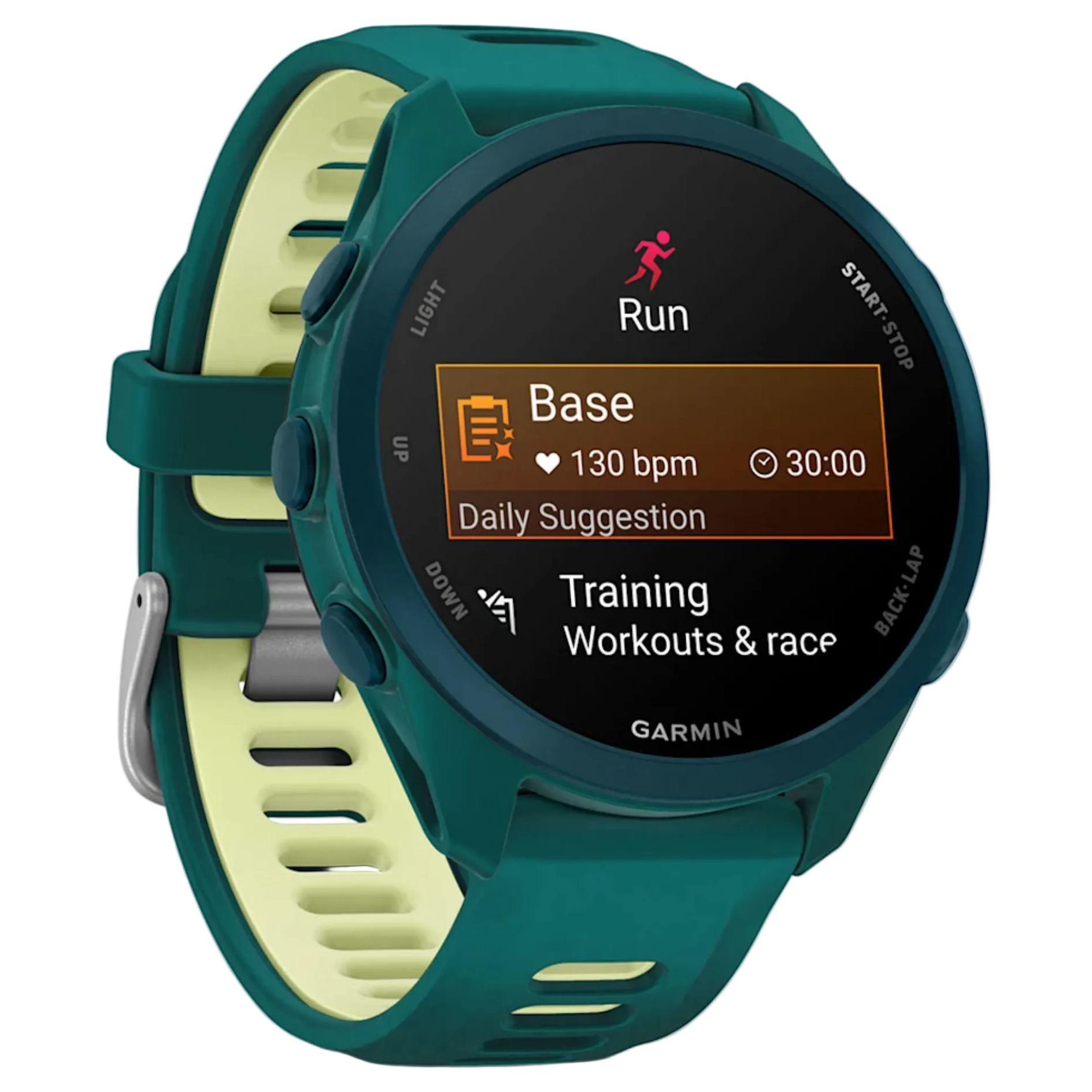 Green Garmin smartwatch with a white background