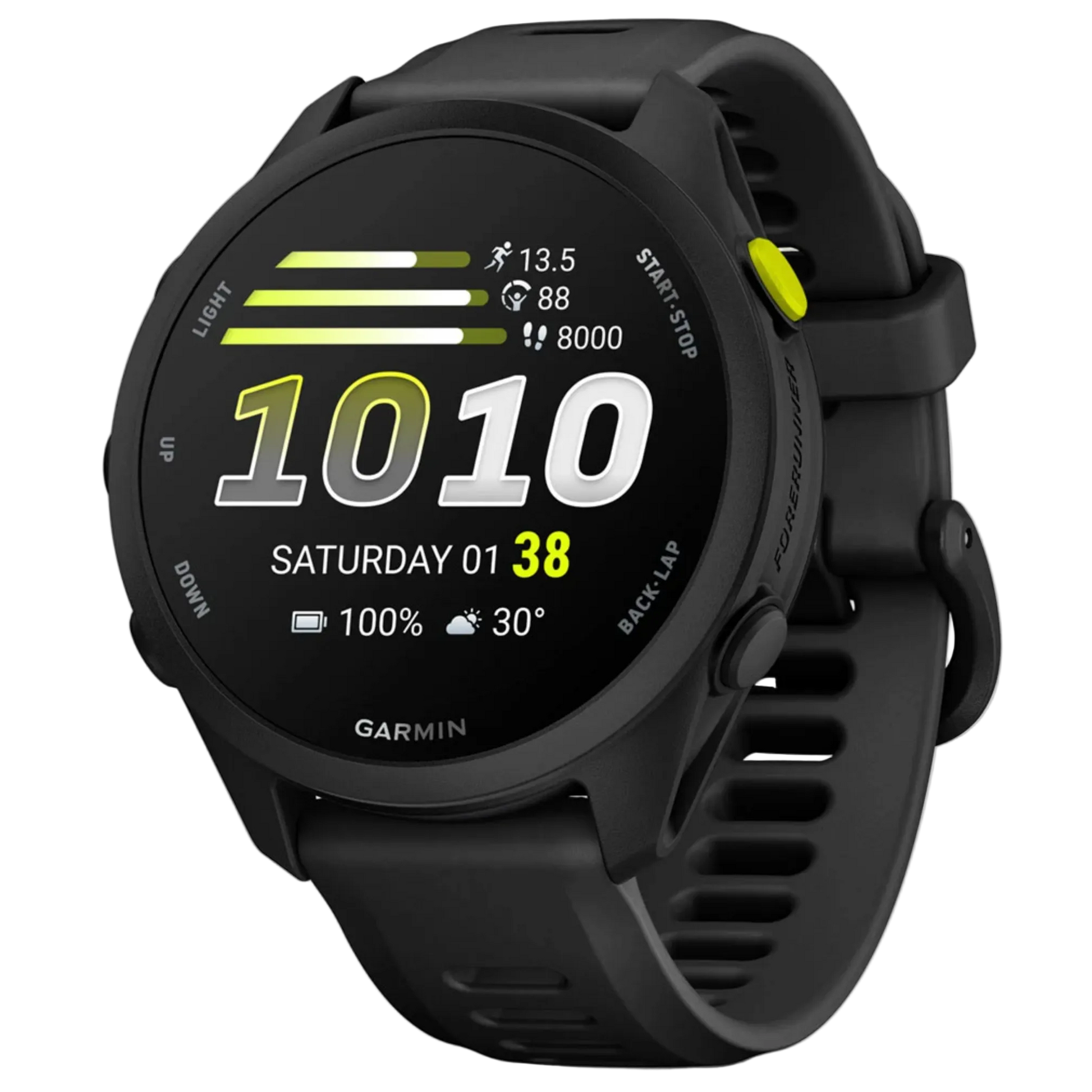 Black Garmin smartwatch with digital display on a white background