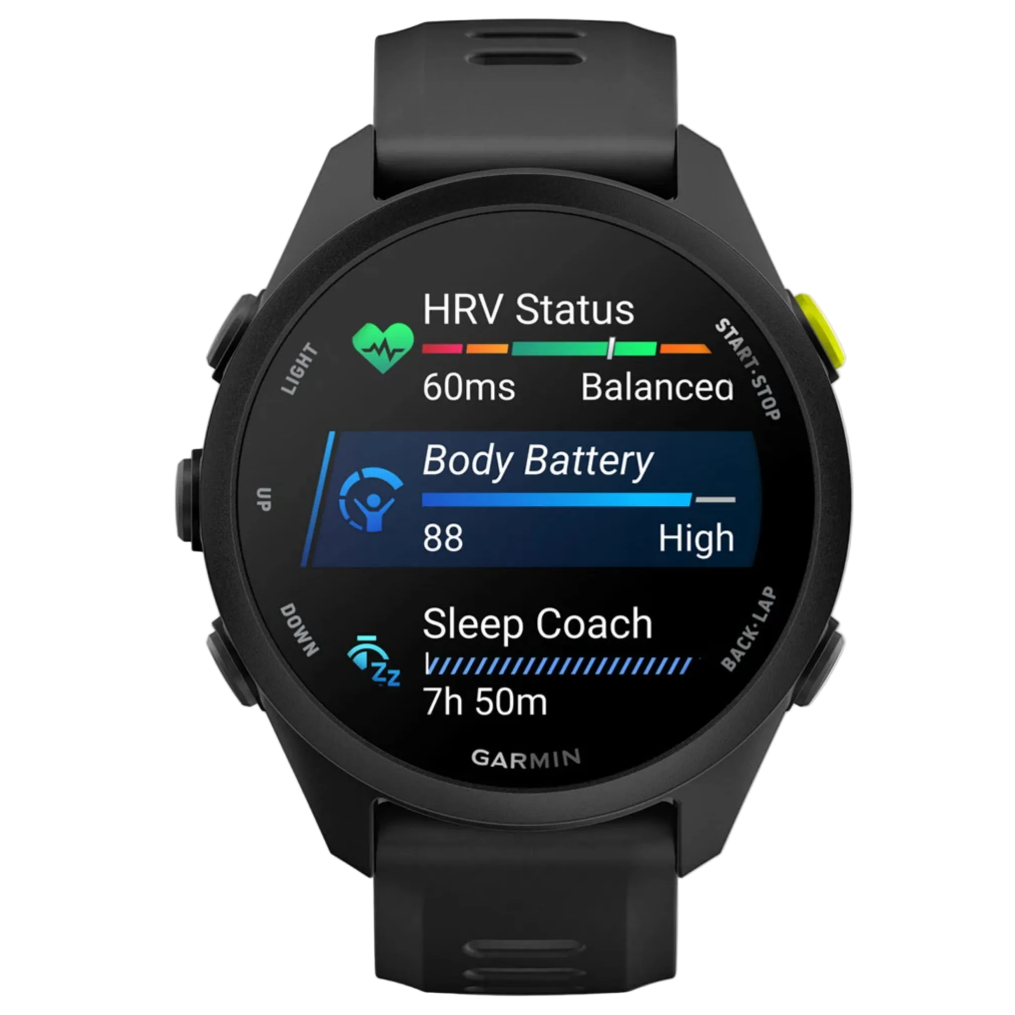 Garmin smartwatch displaying health and fitness metrics on a white background