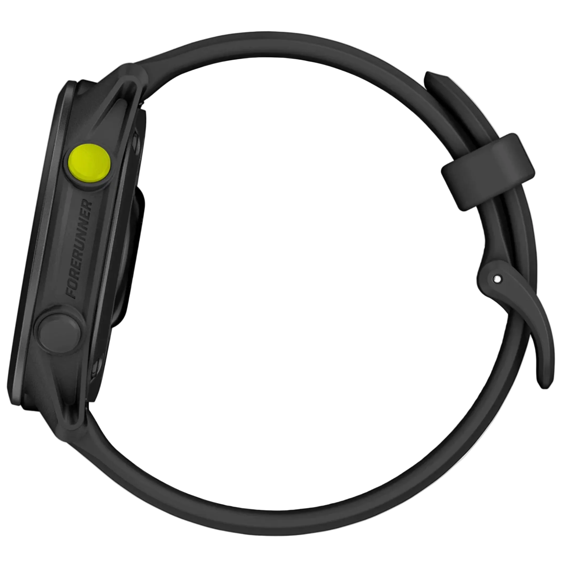 Black fitness tracker with a green button on a white background