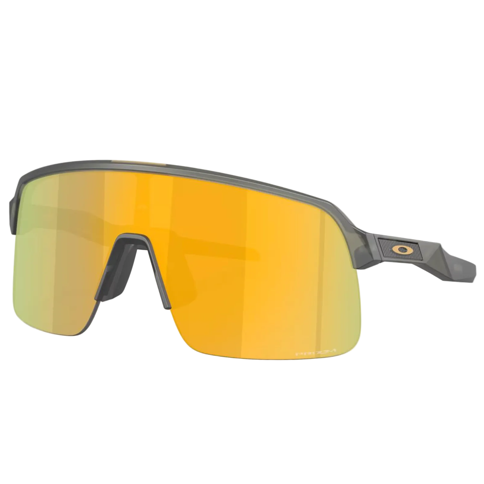 Sunglasses with yellow-tinted lenses and dark frame on a white background