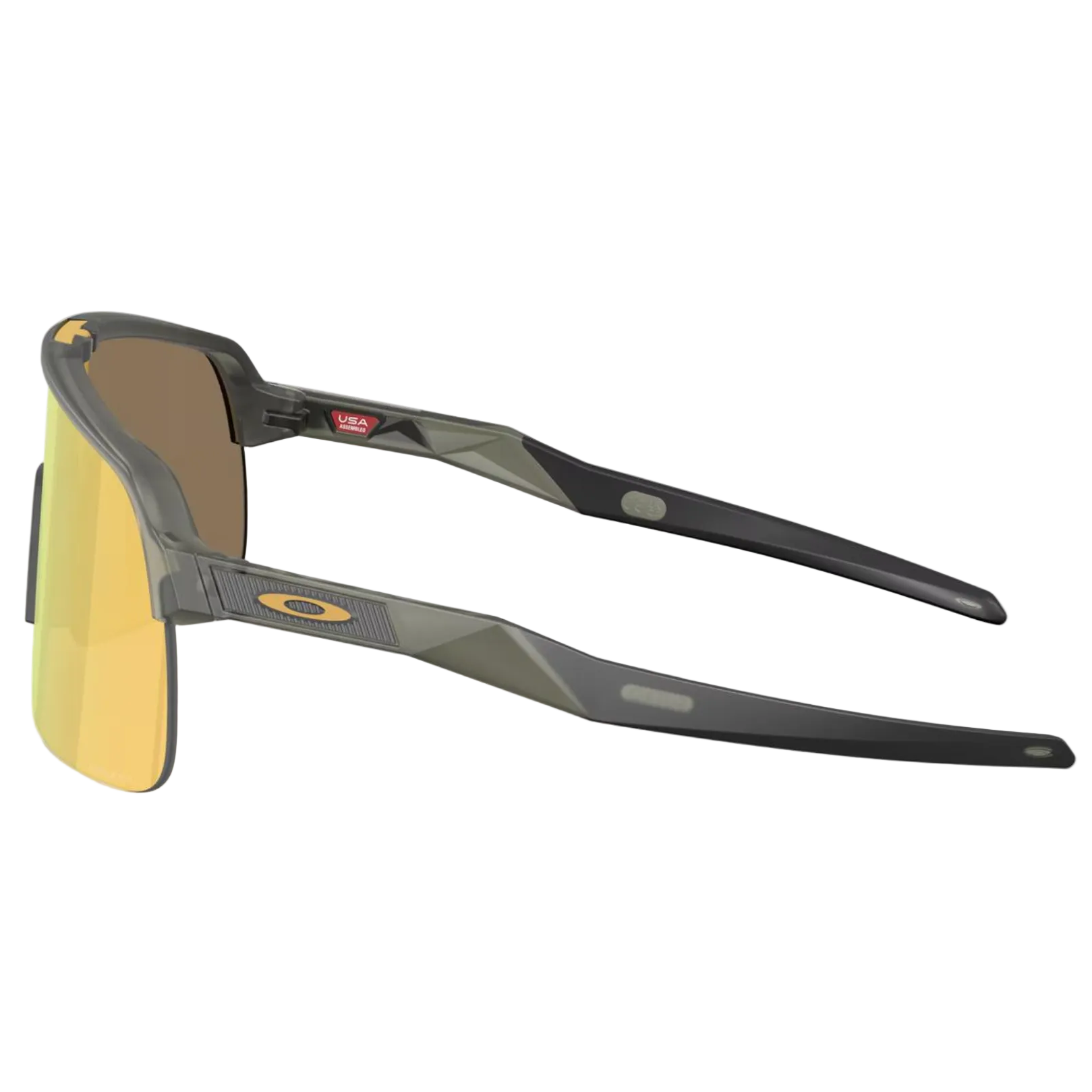 Sunglasses with black frame and reflective lenses on a white background
