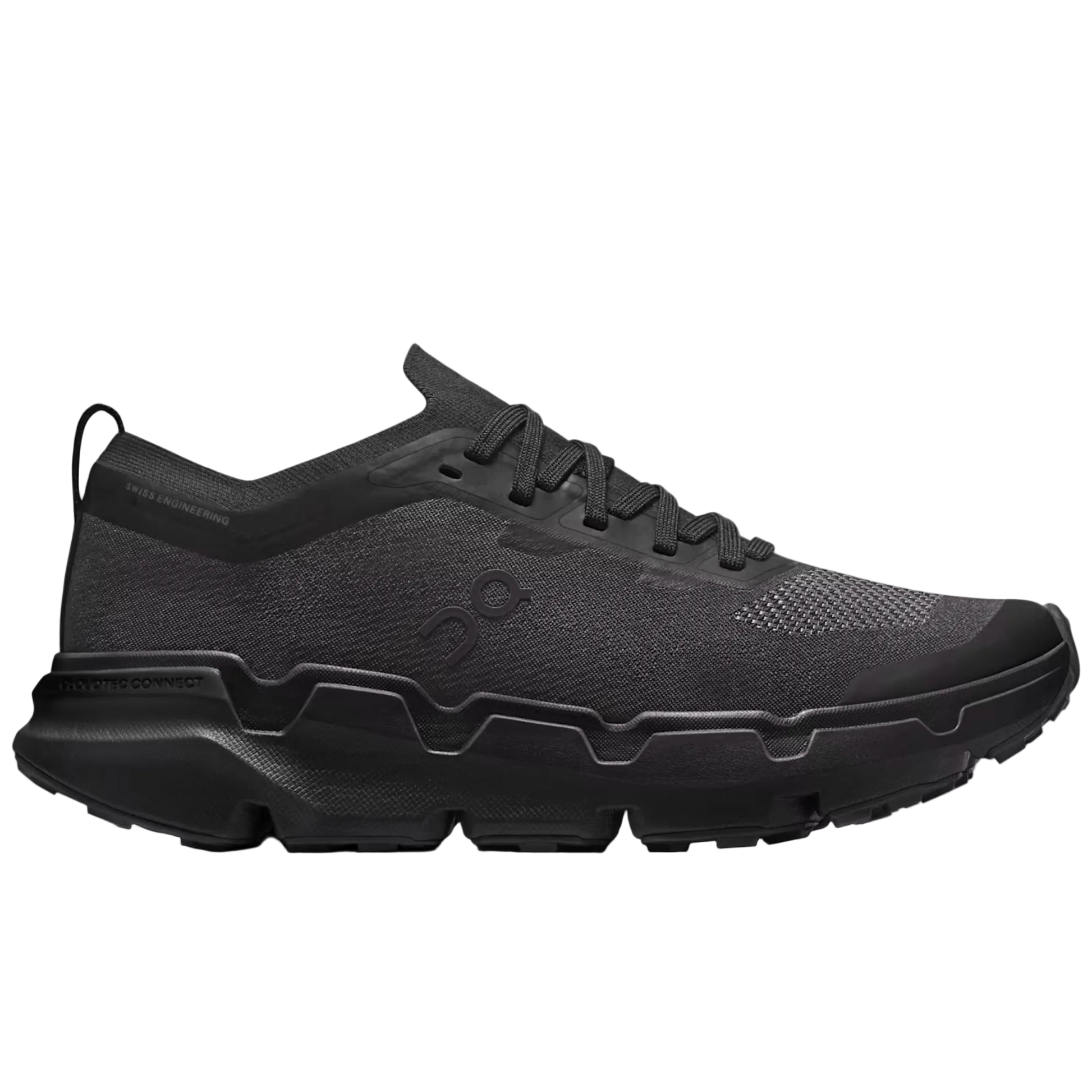 Gray and black running shoe on a white background