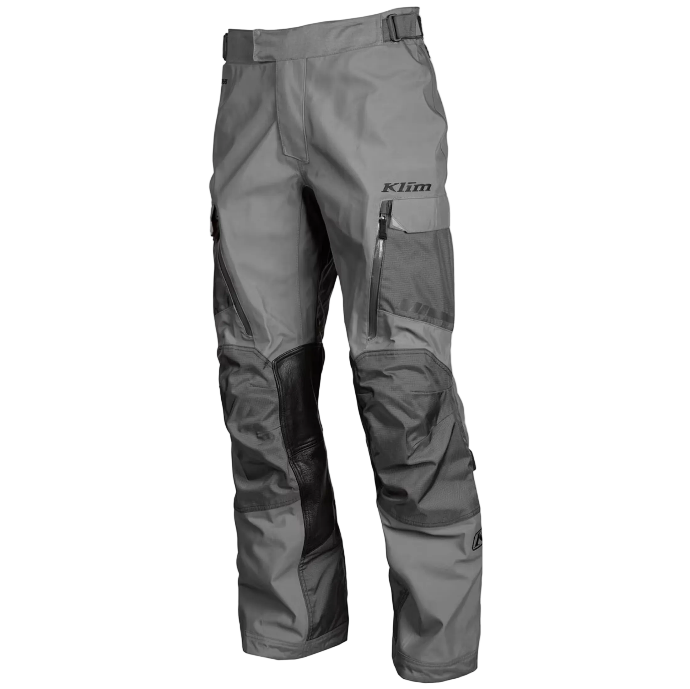 Gray motorcycle pants with black accents on a white background
