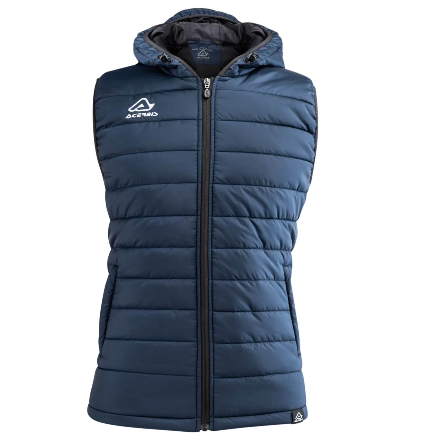 Blue puffer vest with a brand logo on a white background