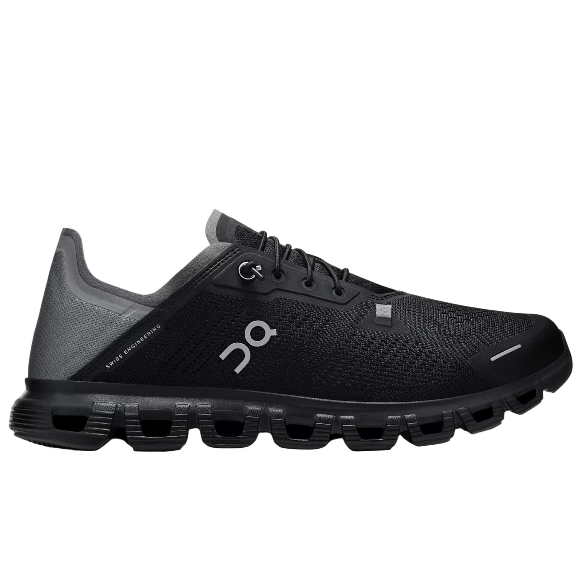 Black running shoe with gray heel on a white background