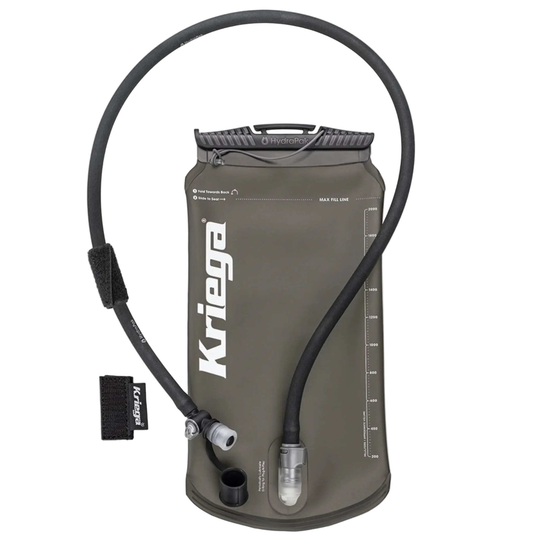 Kriega hydration bladder with black hose on a white background