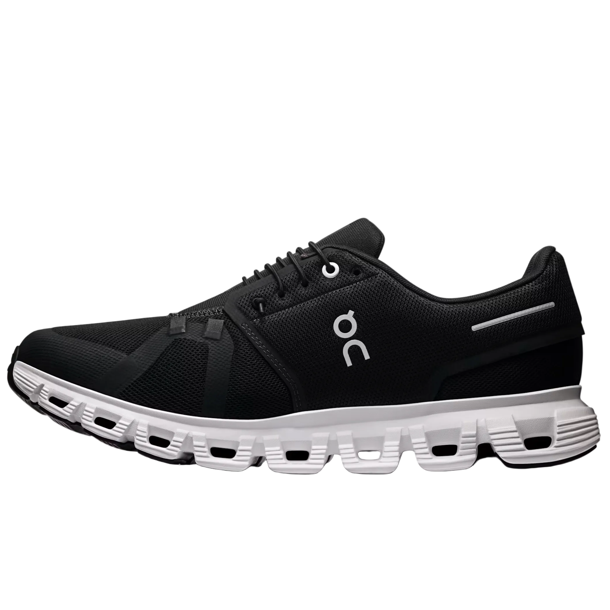 Black running shoe with white sole on a light gray background