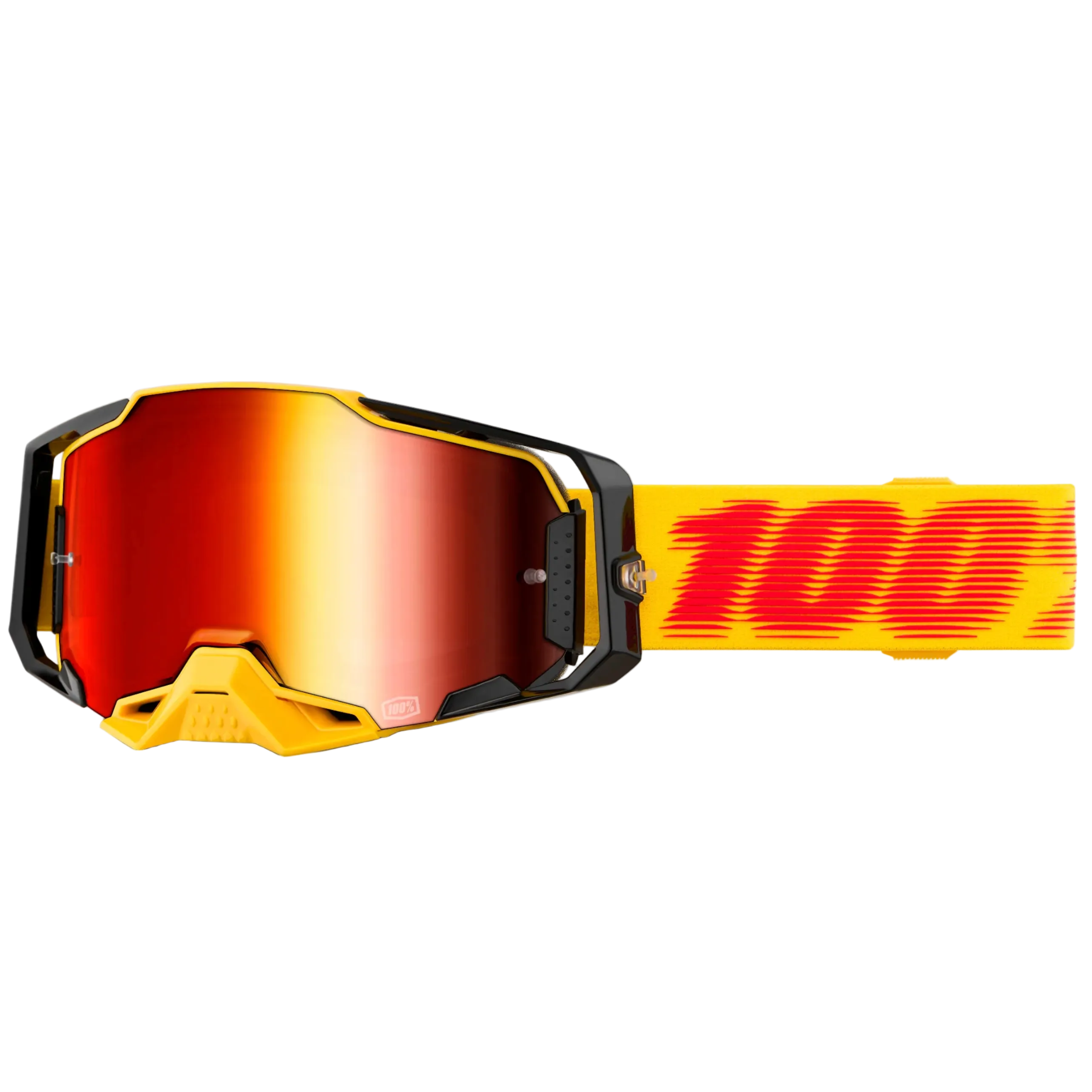 Motocross goggles with red lens and yellow strap on a white background