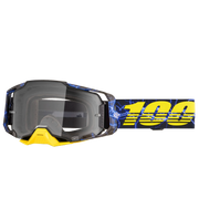 Motocross goggles with a blue and yellow strap on a white background