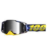Goggles with a blue and yellow strap featuring the number 100 on a white background