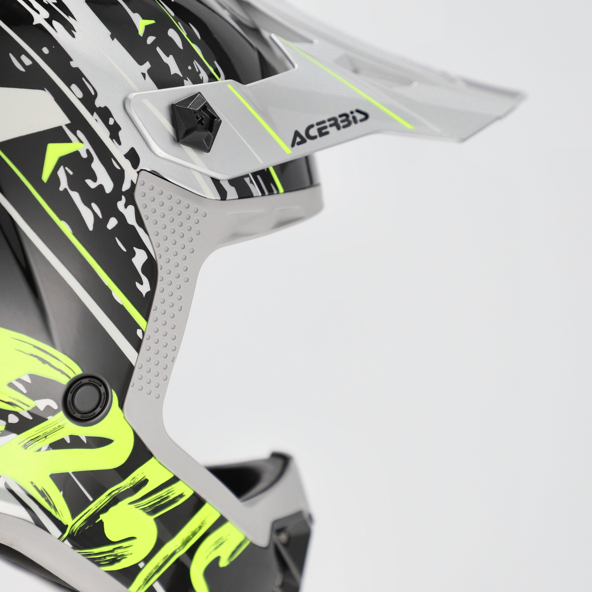 Close-up of a helmet with Acerbis branding on a light gray background