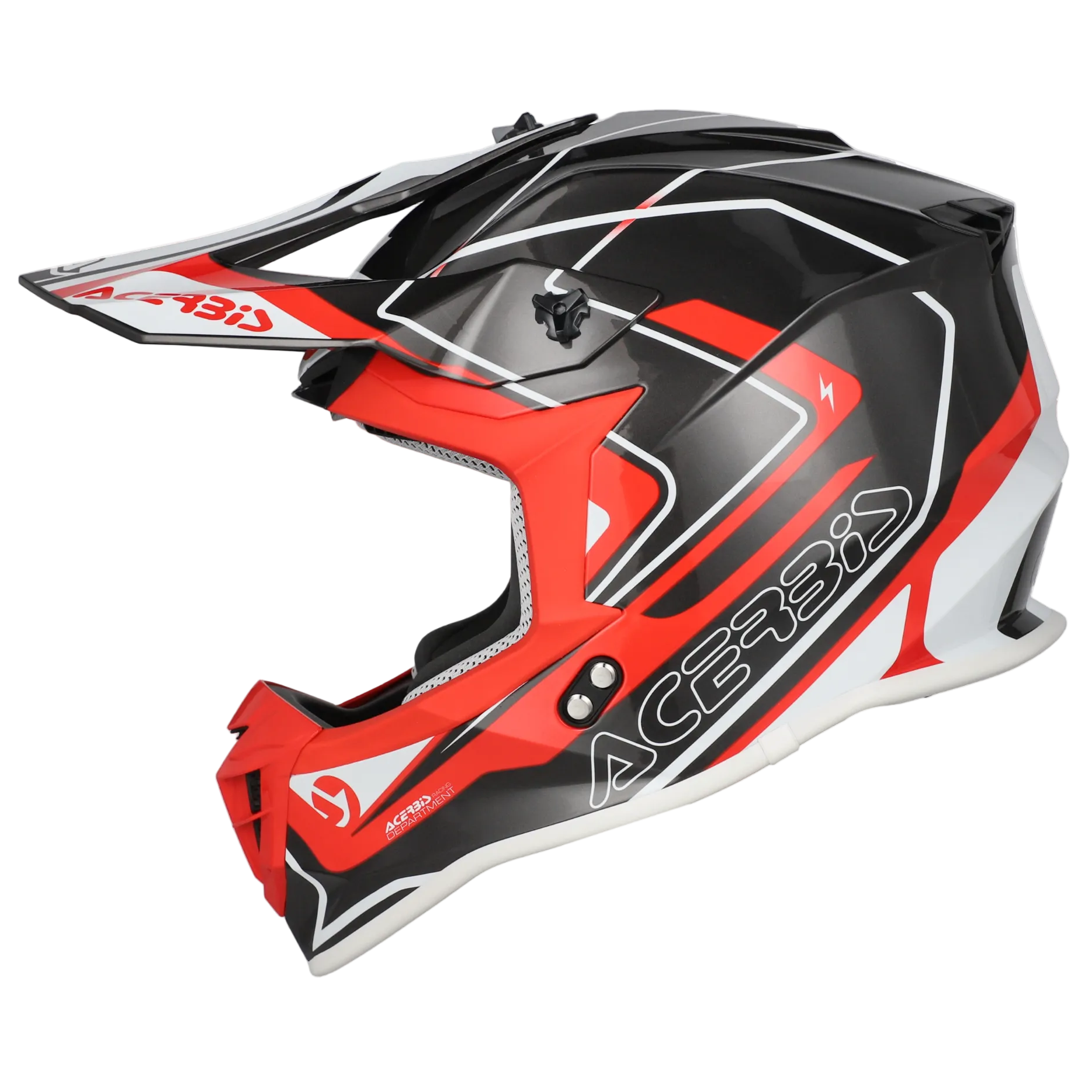 Black, red, and white Acerbis motorcycle helmet on a white background