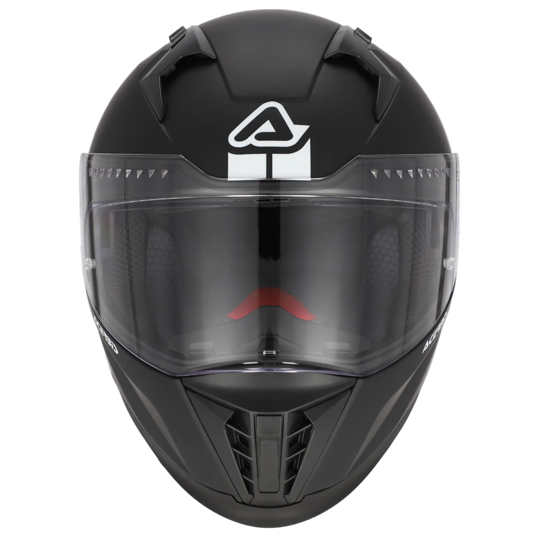 Black motorcycle helmet with clear visor on a white background, featuring the Pinlock brand.