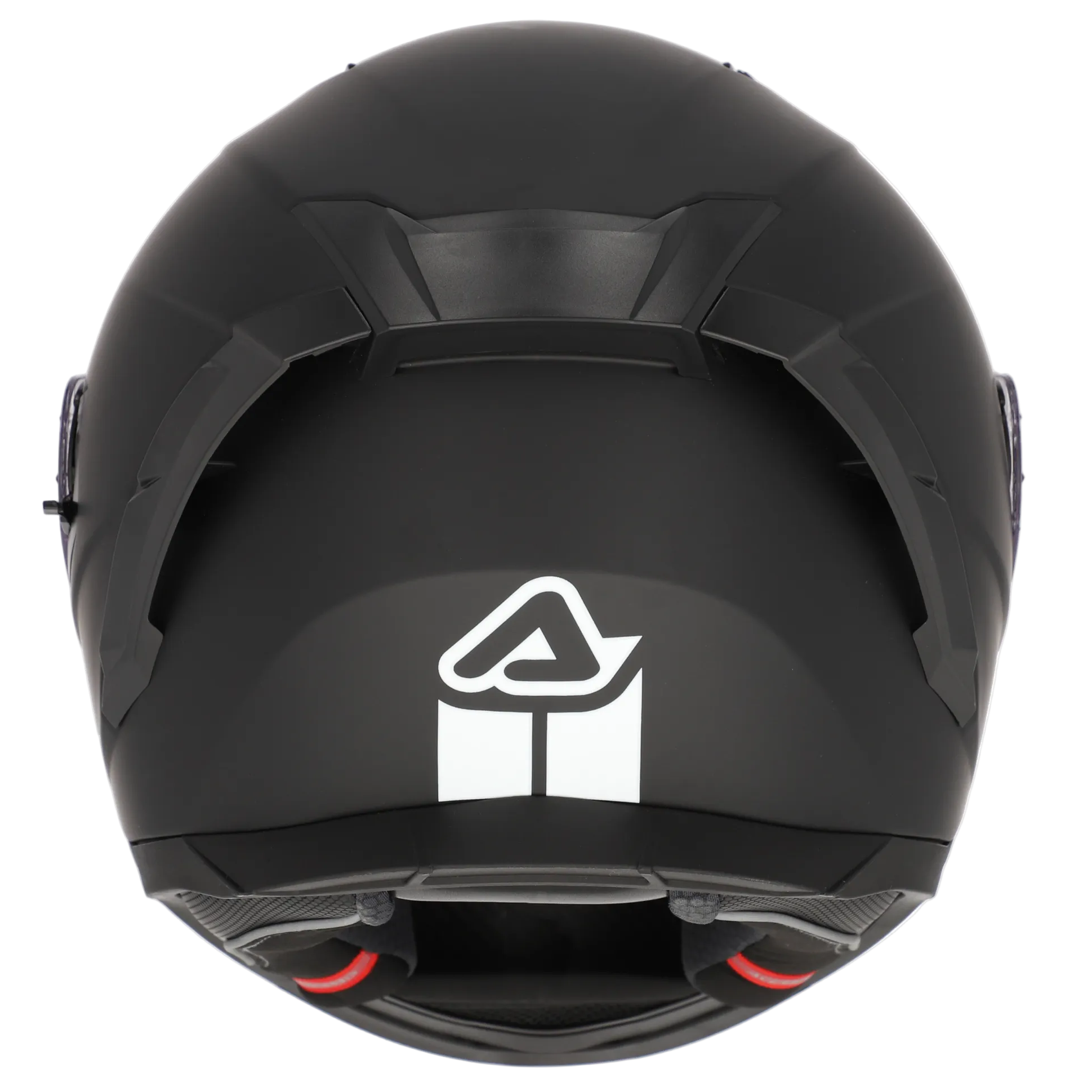 Black motorcycle helmet with a visible brand logo on a white background