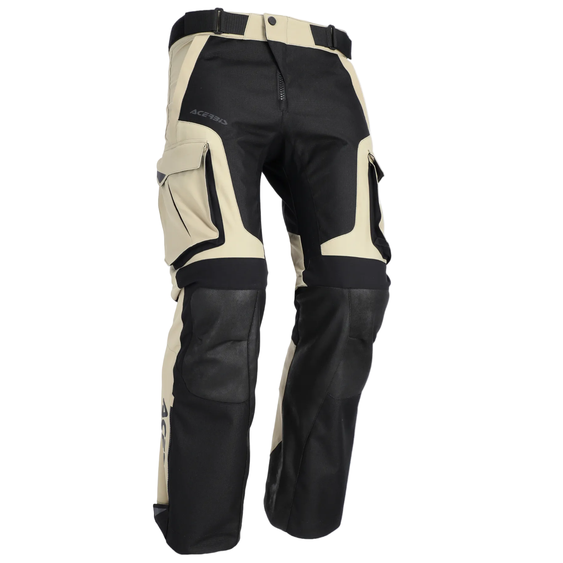 Black and beige motorcycle pants on a white background