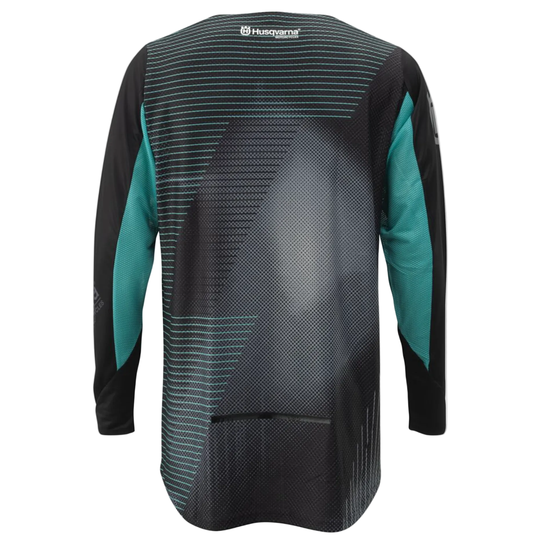 Black and teal long-sleeve shirt with brand logo on a white background