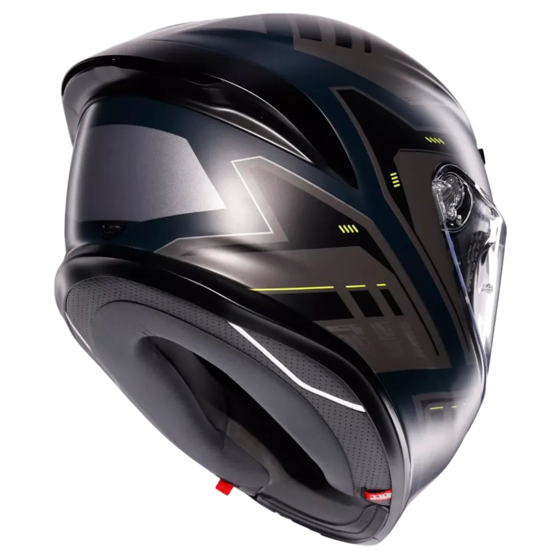 A dark gray and black full-face motorcycle helmet with subtle yellow accents and a clear visor, shown from a three-quarters angle against a light gray background.