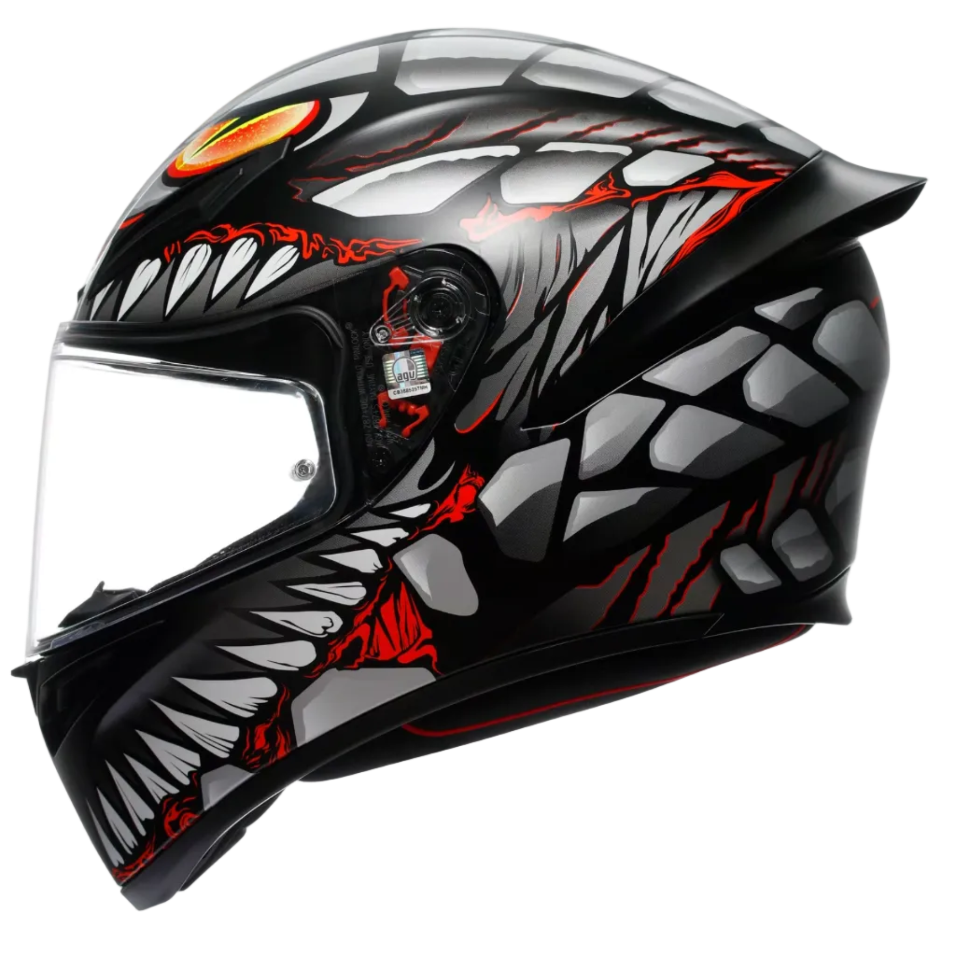 A full-face motorcycle helmet featuring a black, white, and red snake-head graphic design, shown from a side profile against a light gray background.