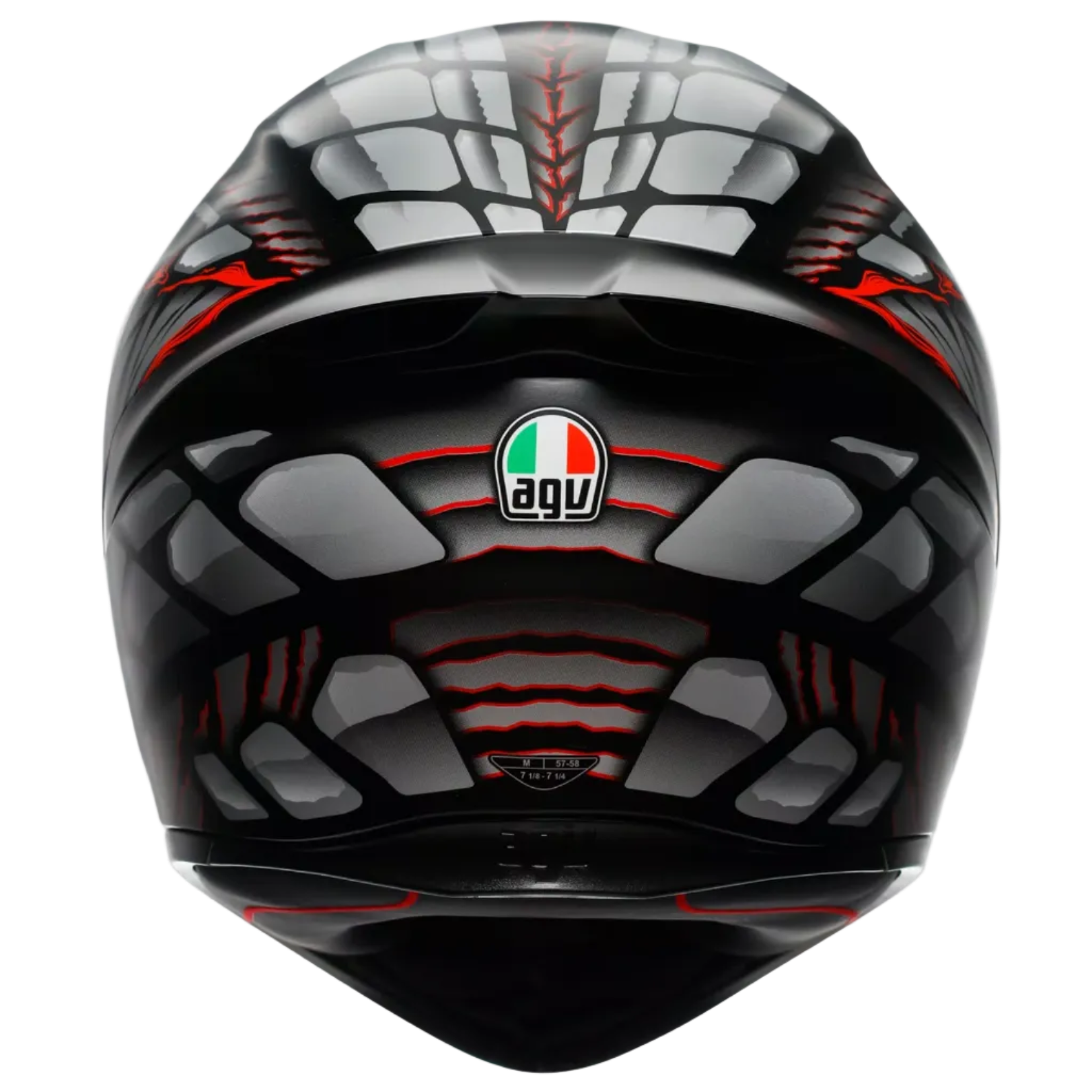 A full-face motorcycle helmet in glossy black with red graphic patterns and a small AGV logo on the forehead, shown against a light gray background.