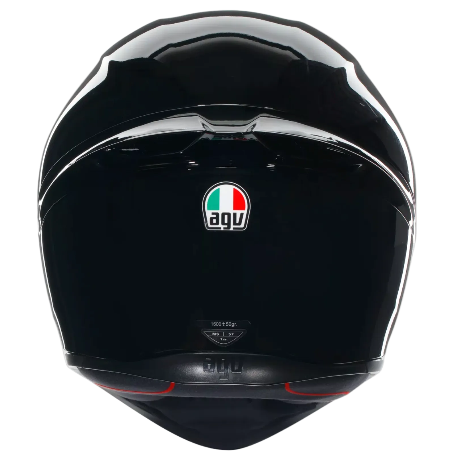 A glossy black AGV full-face motorcycle helmet shown from the rear on a light gray background.