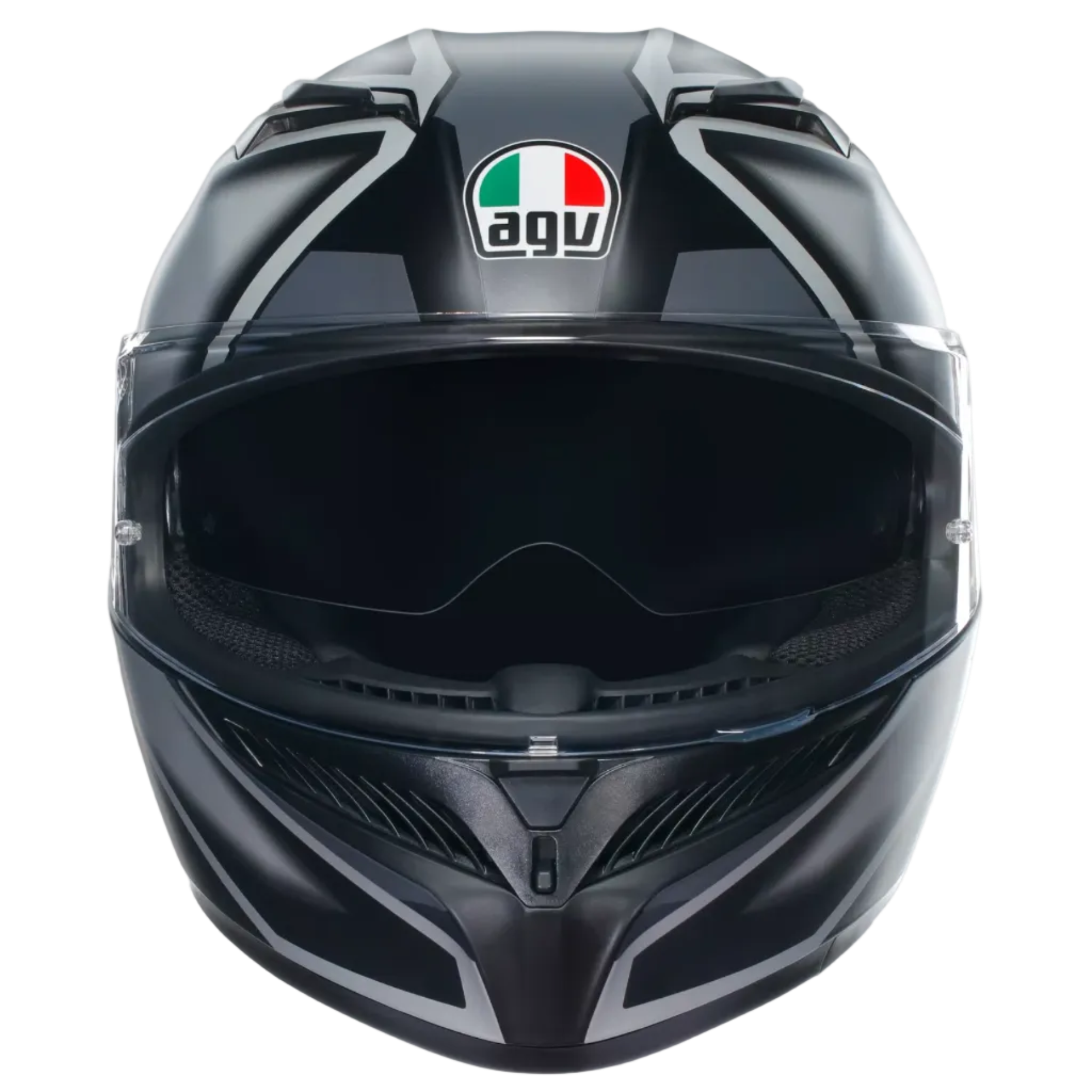 A black AGV full-face motorcycle helmet with a glossy finish, dark visor, and the AGV logo on the forehead, shown against a light gray background.