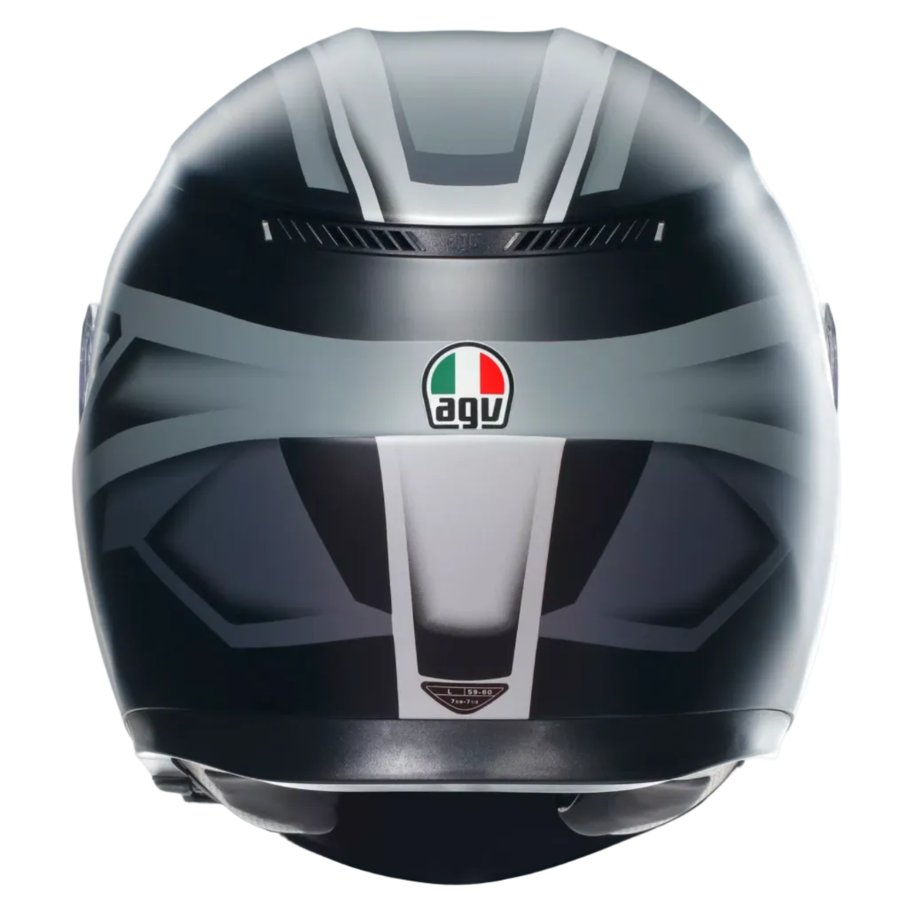 A rear view of an AGV full-face motorcycle helmet in a glossy black and silver color scheme, shown against a light gray background.