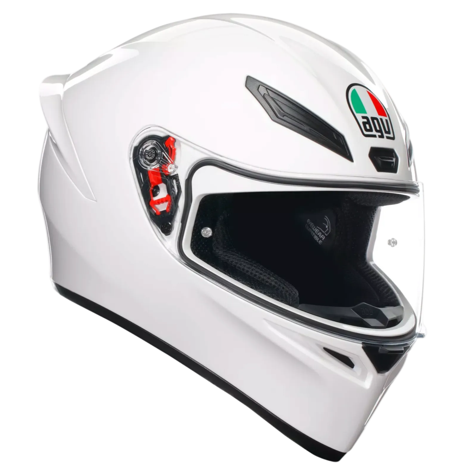 A white AGV full-face motorcycle helmet with a clear visor, shown from a three-quarters angle against a plain white background.