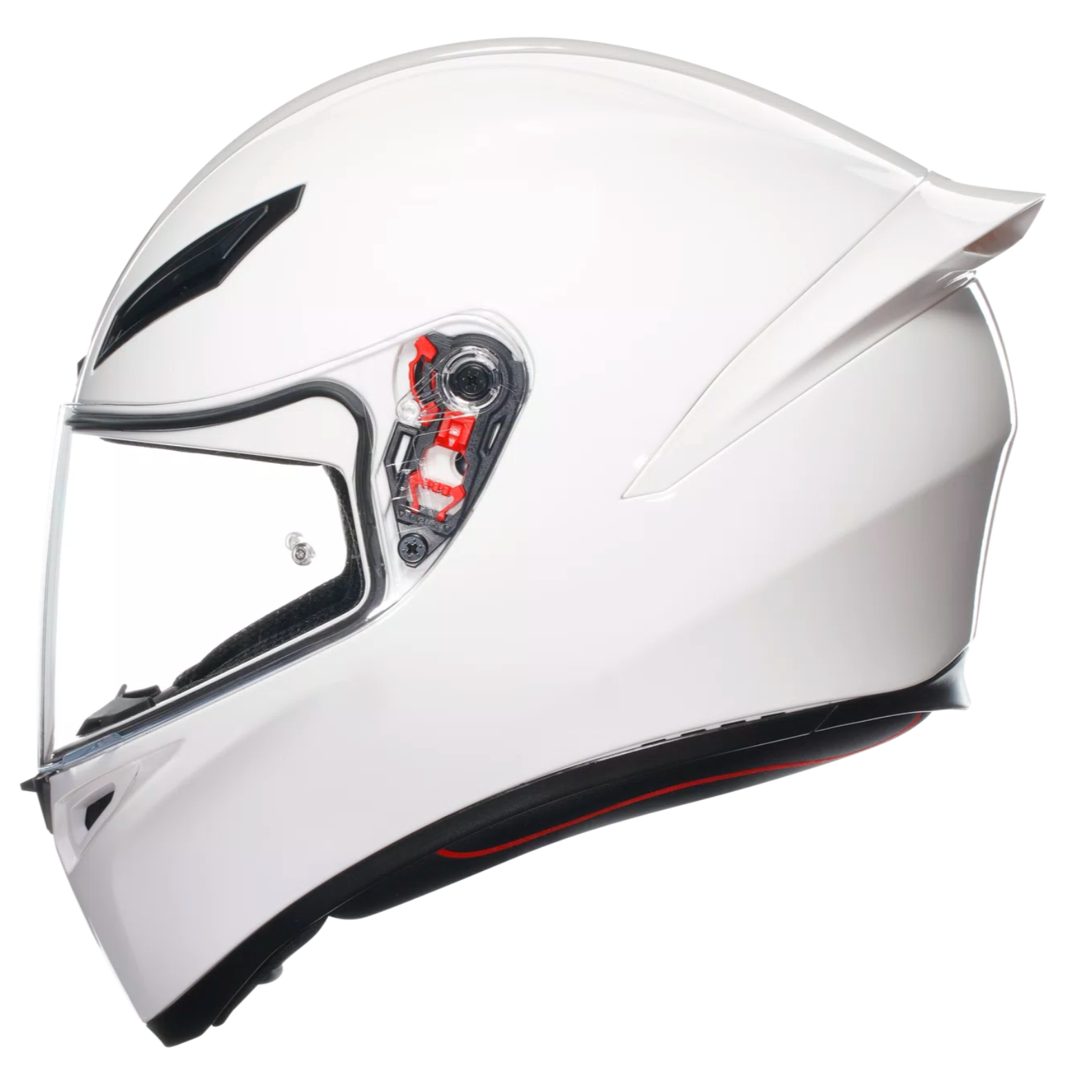 A white full-face motorcycle helmet with a clear visor and small red and black details, shown from a side profile on a white background.