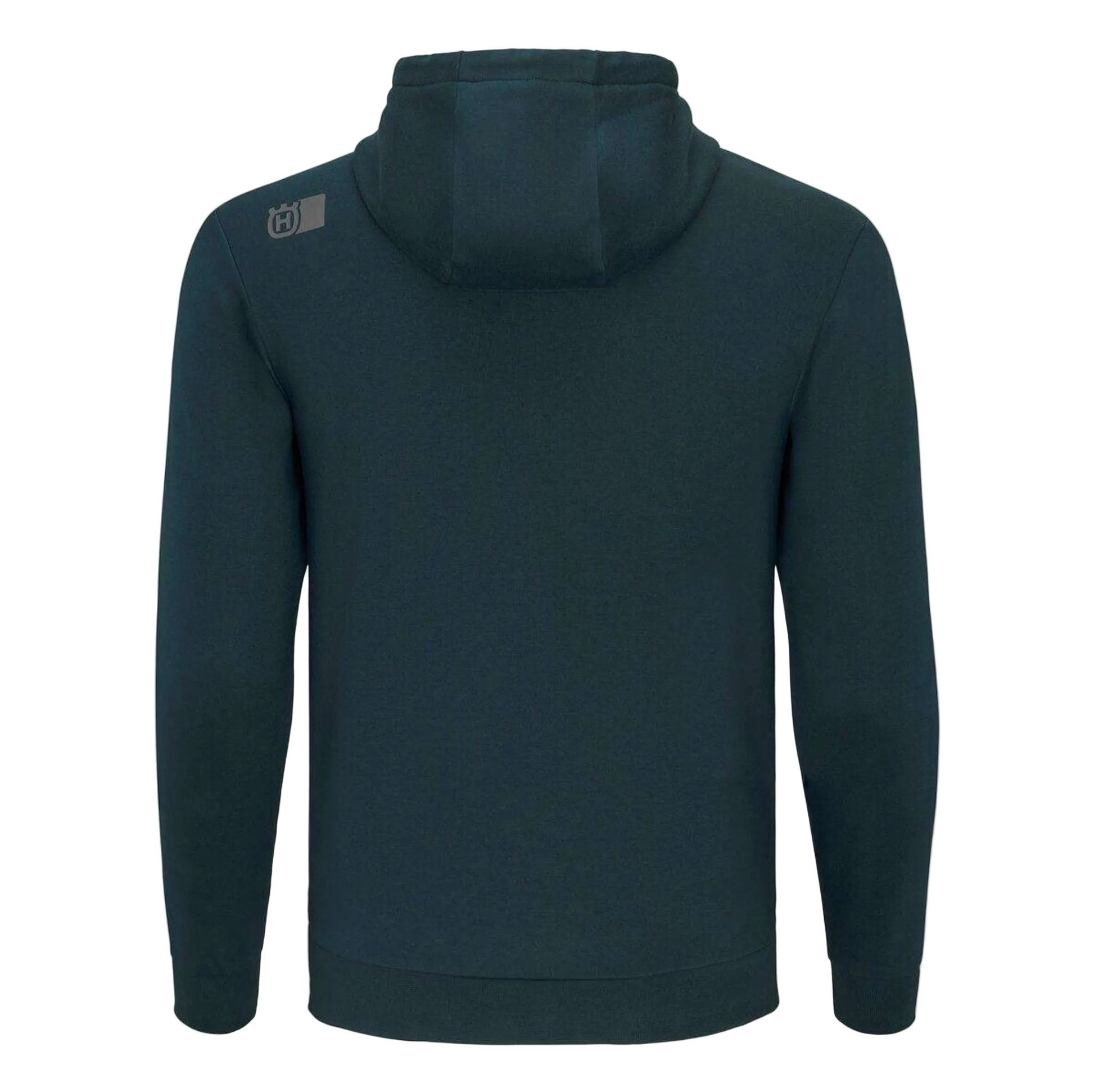 A dark teal hooded sweatshirt shown from the back, featuring a small gray logo on the left shoulder, set against a light gray background.