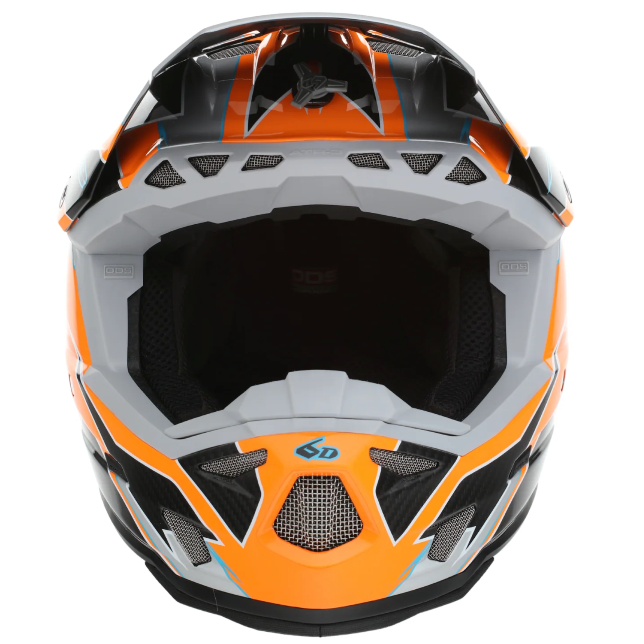 Front view of an off-road full-face helmet in orange, black, and gray, featuring a clear visor and a visible '6D' logo on the lower front.