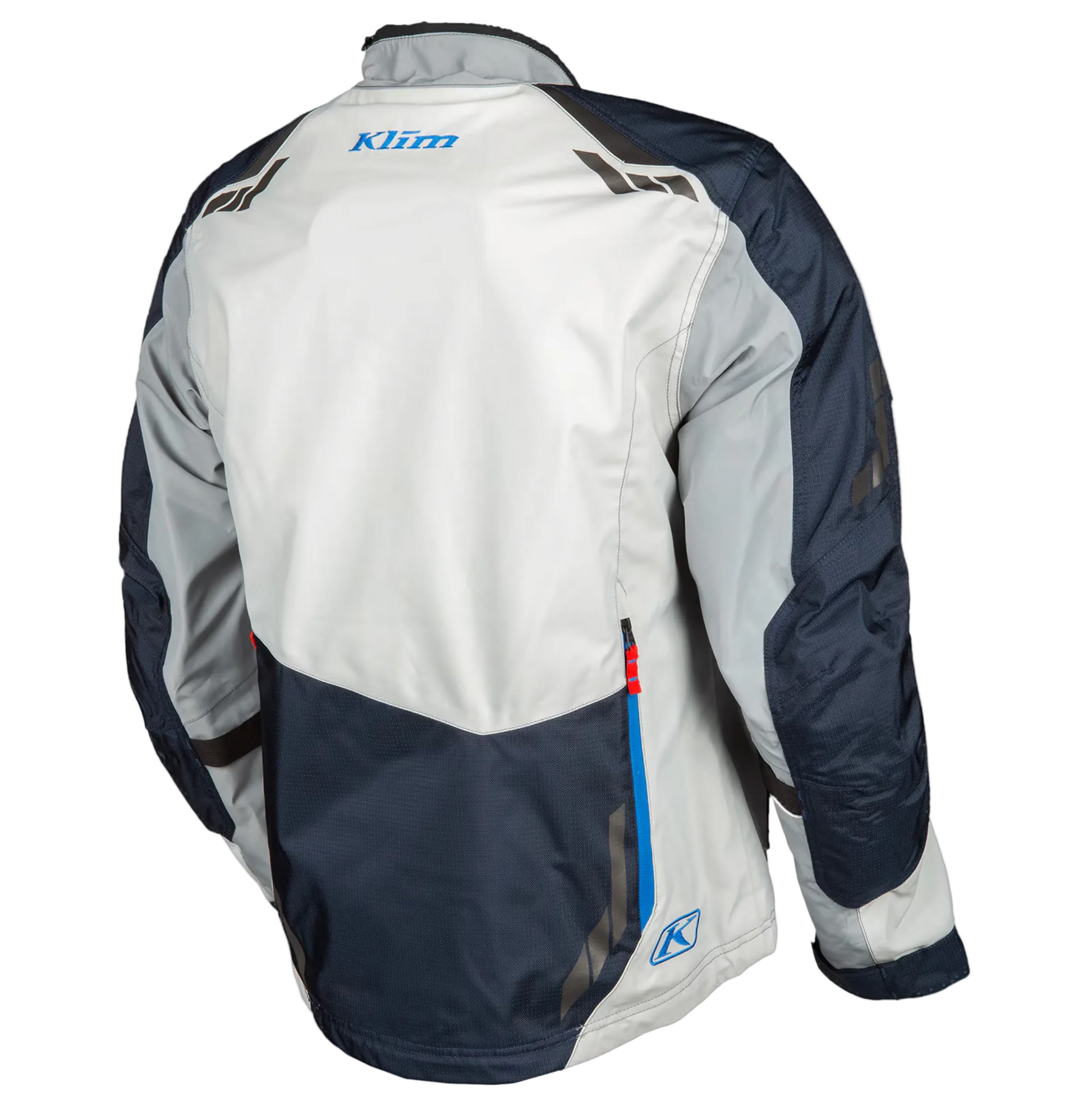 Back view of a Klim motorcycle jacket on a white background