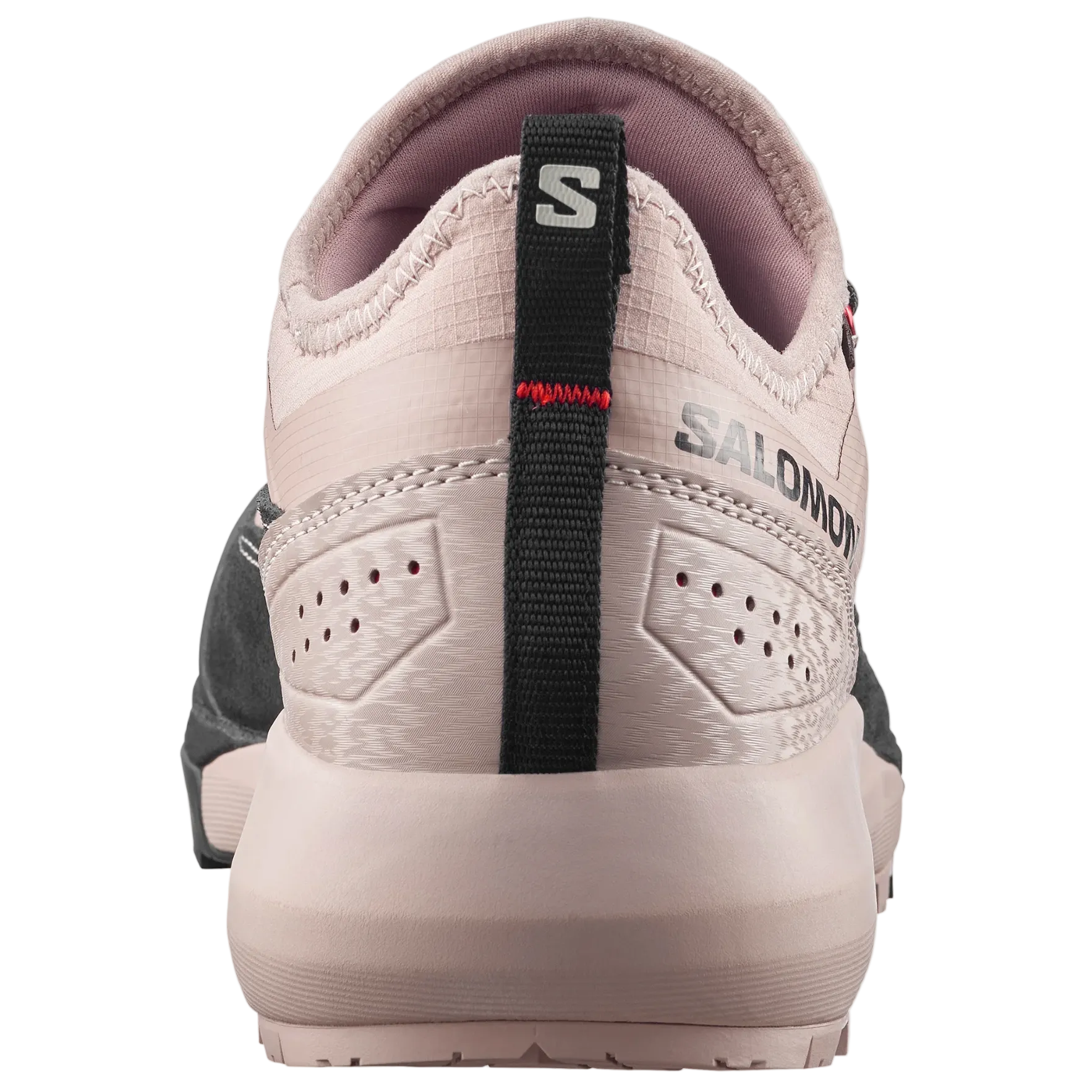 A close-up rear view of a Salomon shoe in light beige and pinkish-beige, featuring a black heel pull tab with the Salomon 'S' logo and 'SALOMON' branding.