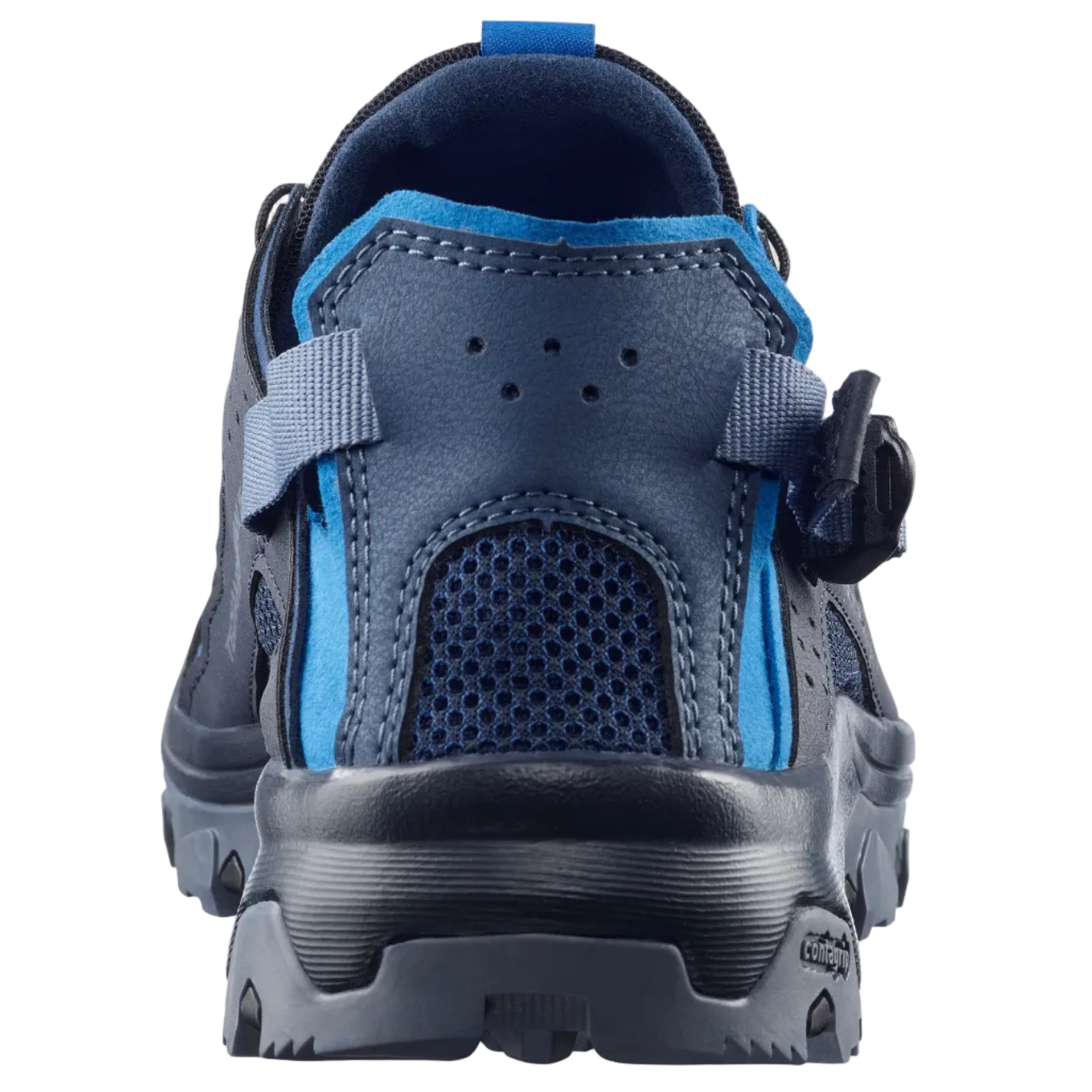 A close-up rear view of a dark blue and bright blue athletic shoe with a hook-and-loop strap closure, set against a light gray background.