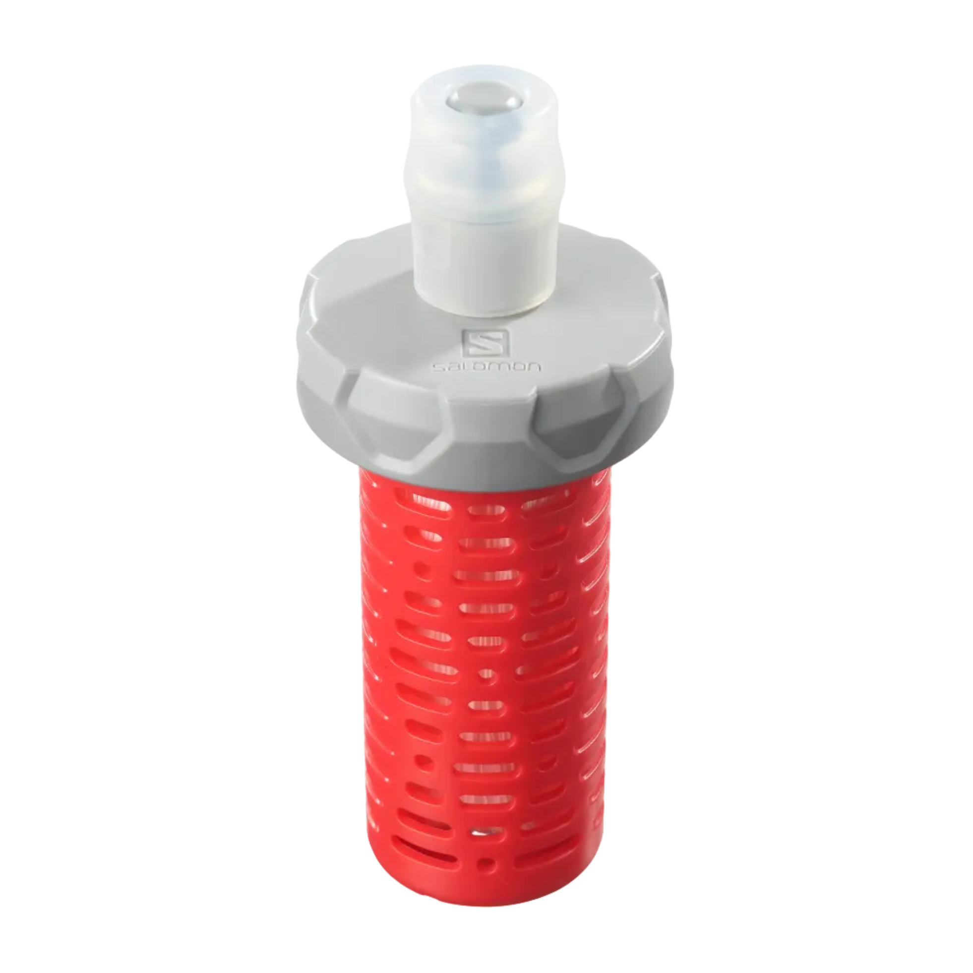 A red cylindrical filter cartridge with a gray top cap and a white plastic connector, shown on a light gray background.