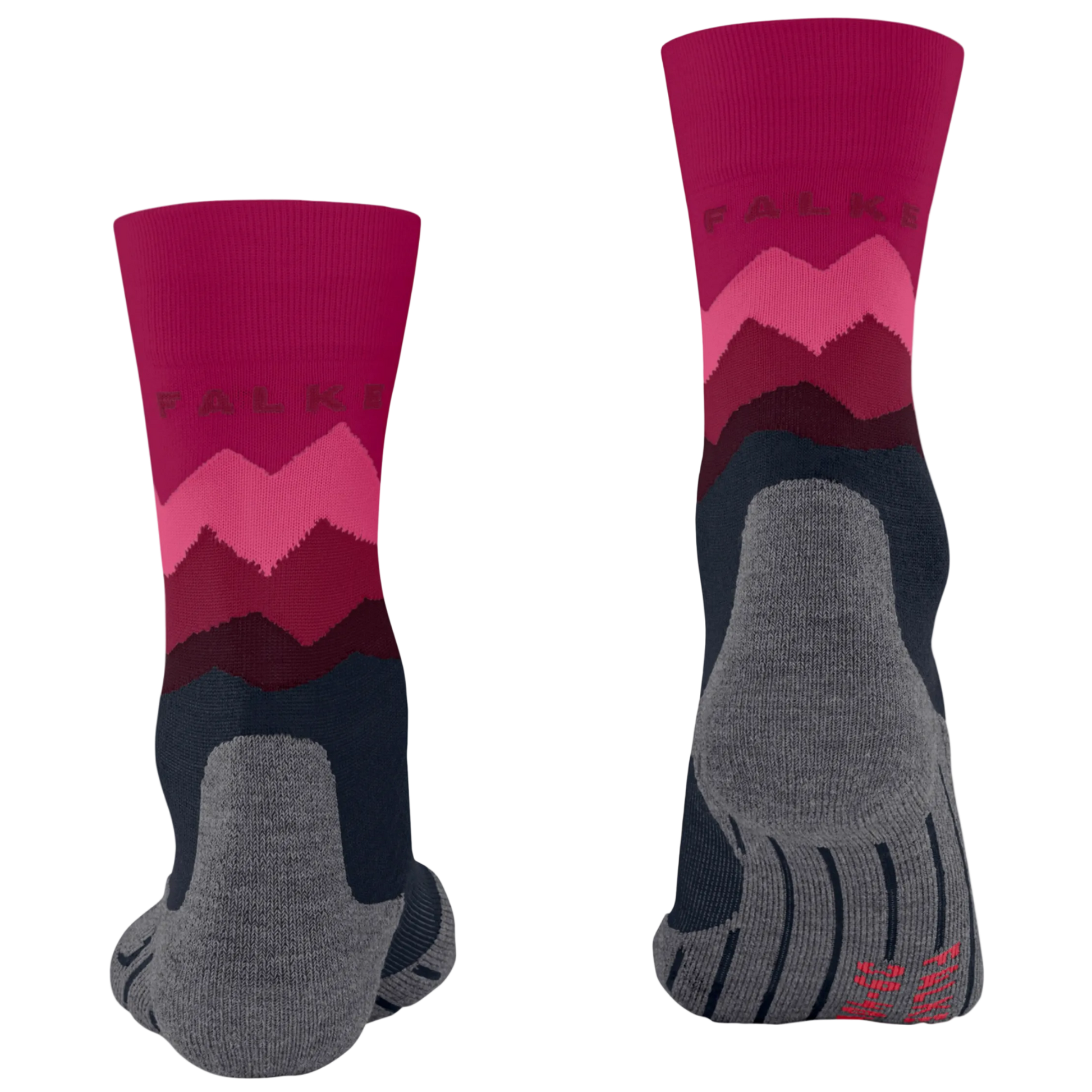 A pair of FALKS crew socks shown from both the front and back views on a plain white background. The socks feature a magenta and pink mountain pattern on the upper leg, a dark navy blue lower section, and a heather gray toe and heel area.