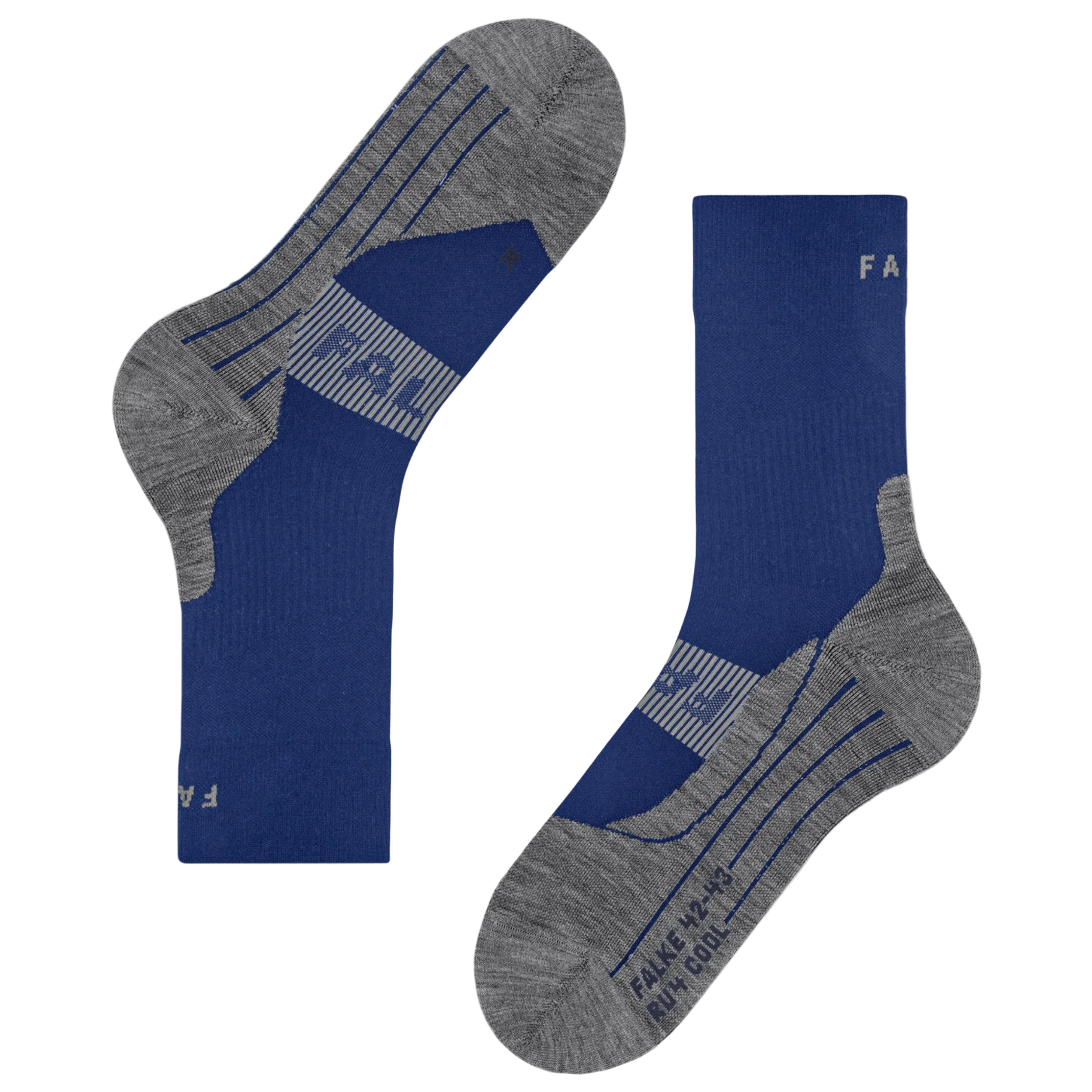 A pair of athletic crew socks in royal blue and heather gray, shown from both the side and top views against a plain white background.