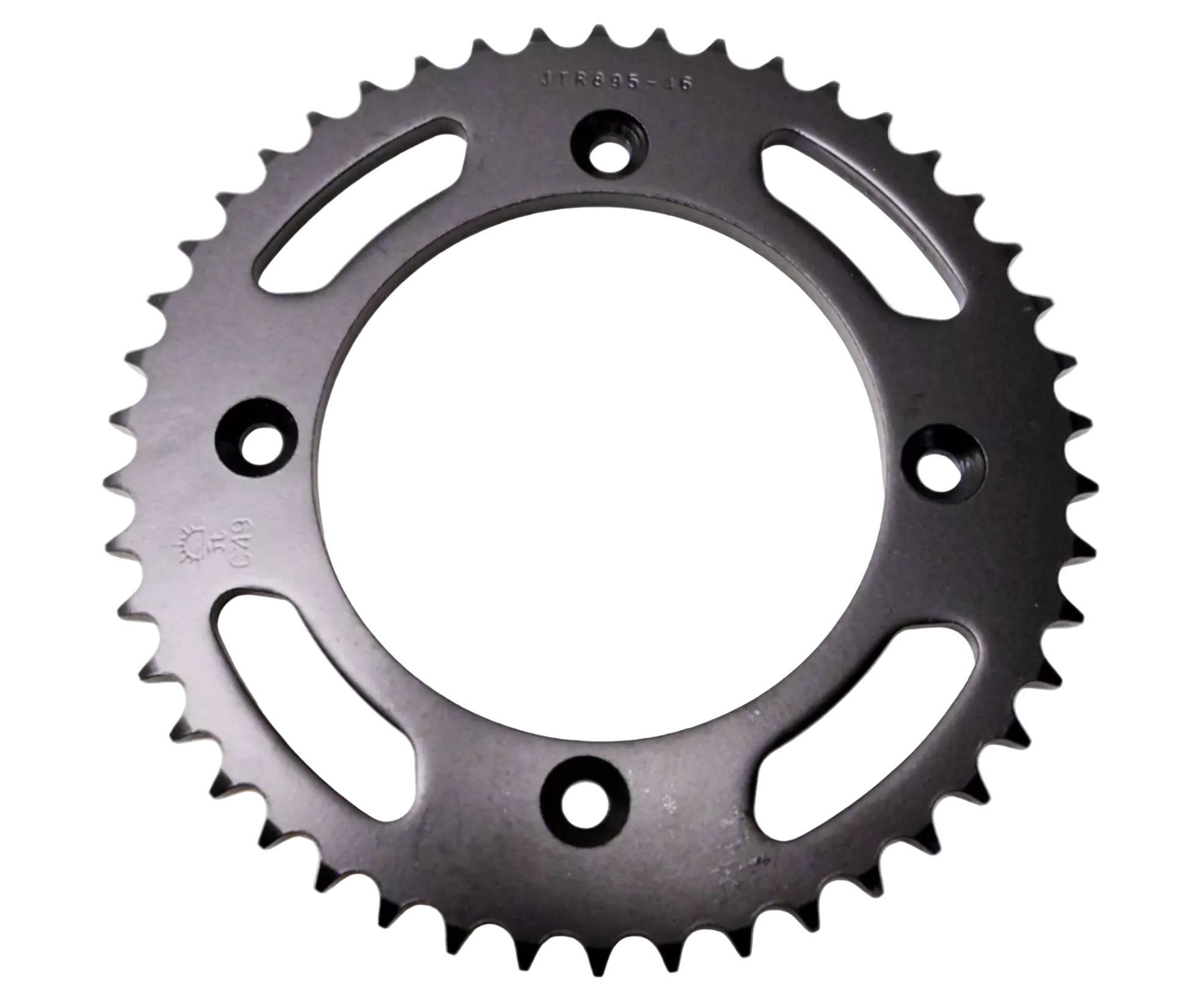 A black metal motorcycle or bicycle rear sprocket gear with five cutout slots and four mounting holes, shown on a plain white background.