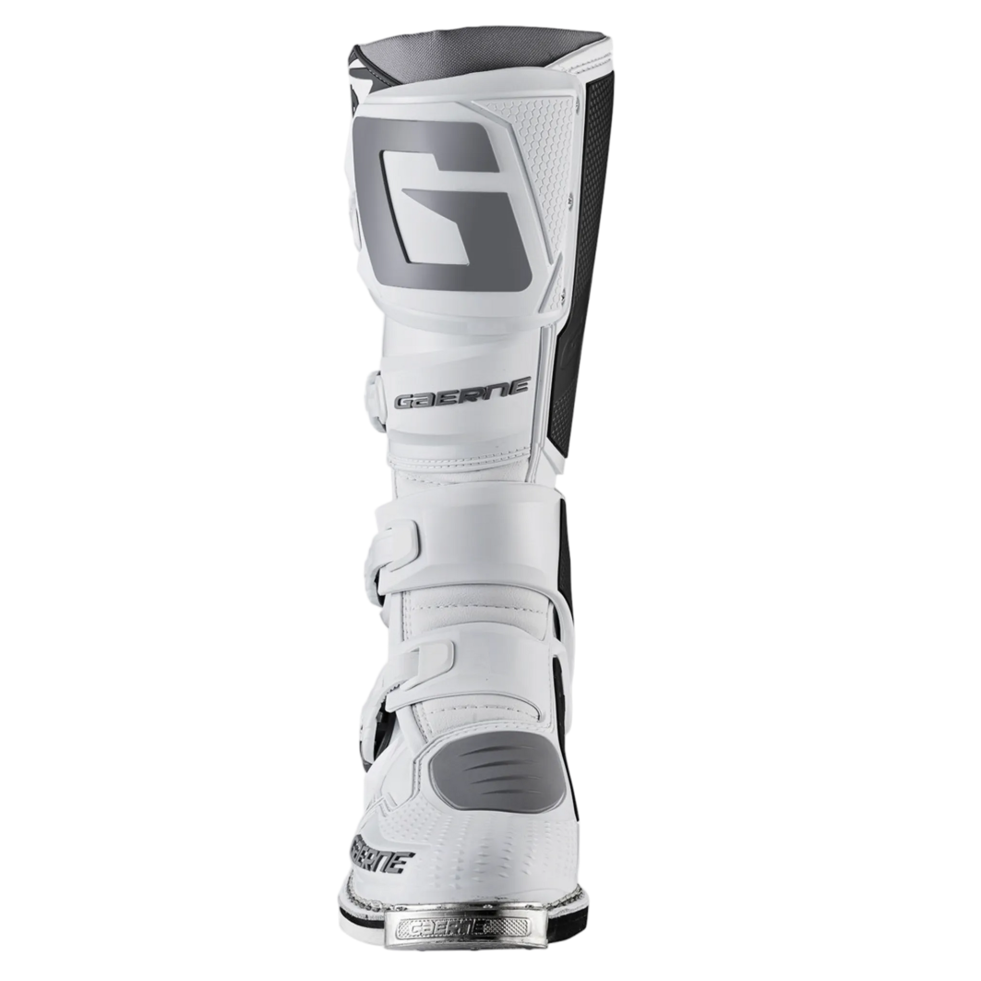 A single white Gaerne motocross boot shown from the rear on a plain white background.